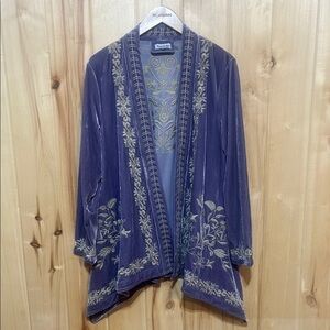 Time For Me Purple Crushed Velvet Embroidered Whimsical Cardigan Size M